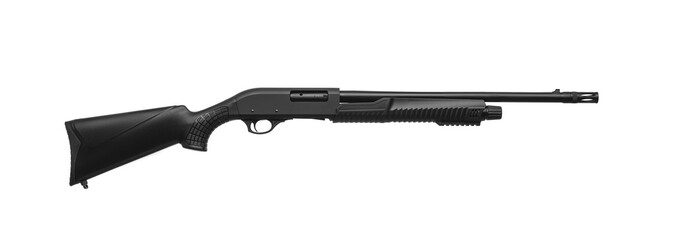 Modern semi-automatic tactical shotgun isolate on white background. Modern weapons on a light...