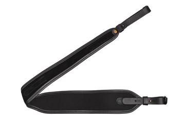 Black leather shoulder strap for a gun isolated on white background