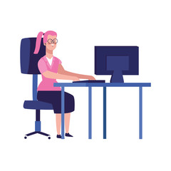 cartoon woman working on office desk with computer, colorful design