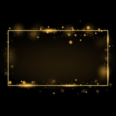 Vector golden frame with glow effect. Neon rectangle frame and glitter effect