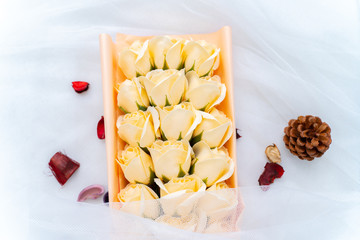 Yellow Rose Bouquet On White Net Cloth
