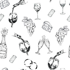 Wine , drink, alcohol vector seamless pattern on white background . Concept for print, menu, cards , wallpaper, wrapping paper  