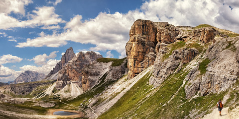 Hiking near Lago di Cengia in the Three Peaks nature park, Dolomite Alps in South Tyrol, Italy