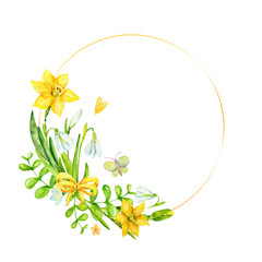 Bright spring floral wreath. Watercolor flowers background with golden lines, herbal, ribbon bow, yellow narcissus, butterfly, snowdrops. Cute Easter composition. 