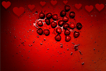 red background in drops of water, Valentines day poster background, greeting card template, invitation card