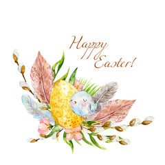 Happy Easter. Cute watercolor flowers background. Spring floral wreath with willow branches, bird, feathers, cherry blossom, leaves. Floral elements isolated on the white background with copyspace.