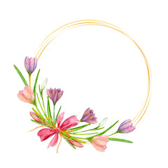 Fototapeta premium Watercolor flowers background. Circle golden wreath with spring flowers, crocuses, and pink ribbon. Easter frame, mother's day card. Hand drawn spring flowers isolated on the white background. 