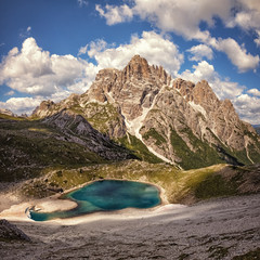 Lake beneath Punta dei Tre Scarperi in the Dolomite Alps, South Tyrol, Italy