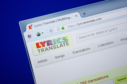 Ryazan, Russia - June 26, 2018: Homepage of LyricsTranslate website on the display of PC. URL - LyricsTranslate.com.