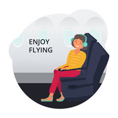 Vector illustration with a young woman sitting on the plane and enjoying the flight. Template for comfortable flight concept. Traveler listens to music on headphones and smile. She feel safe