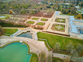 Aerial view of Grand Trianon palace in the Gardens of Versailles near Paris, France