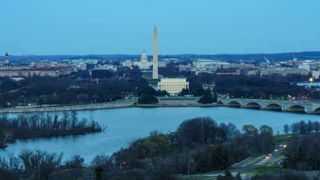  Aerial view of Washington D.C. from Top of Town restaurant, Arlington, Virginia shows Lincoln & Washington Memorial and U.S. Capitol