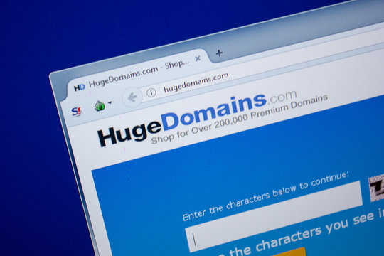 Ryazan, Russia - June 26, 2018: Homepage of HugeDomains website on the display of PC. URL - HugeDomains.com.