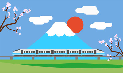 High speed train or Bullet train run pass Mt.Fuji and green tea field in foreground with cherry blossom or sakura flower on both side