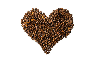Heart shaped coffee beans. Coffee isolated backdrop.