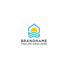 Obraz premium Seaside house logo icon design template. Cabin, cottage, resort, wave, sunset, beach - vector