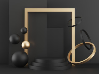 pedestal on black background with gold elements, black metallic podium with spheres, rings and boxes, abstract minimal concept, blank space, clean design, 3d render luxury minimalist mockup