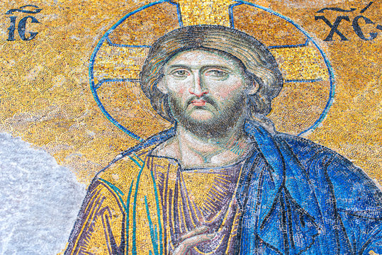 ISTANBUL - DEC 29: Mosaic of Jesus Christ or Byzantine Mosaic in Hagia Sofia on December 29. 2019 in Istanbul, Turkey