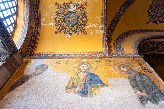 ISTANBUL - DEC 29: Mosaic of Jesus Christ or Byzantine Mosaic in Hagia Sofia on December 29. 2019 in Istanbul, Turkey