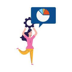 happy woman with gear wheel and speech bubble with graphic pie chart, colorful design