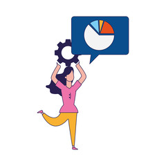 happy woman with gear wheel and speech bubble with graphic pie chart