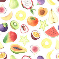 Seamless pattern with hand painted watercolor exotic summer fruits
