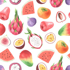 Seamless pattern with hand painted watercolor exotic summer fruit
