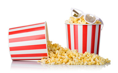 Set of bucket with popcorn and 3D glasses isolated on white background