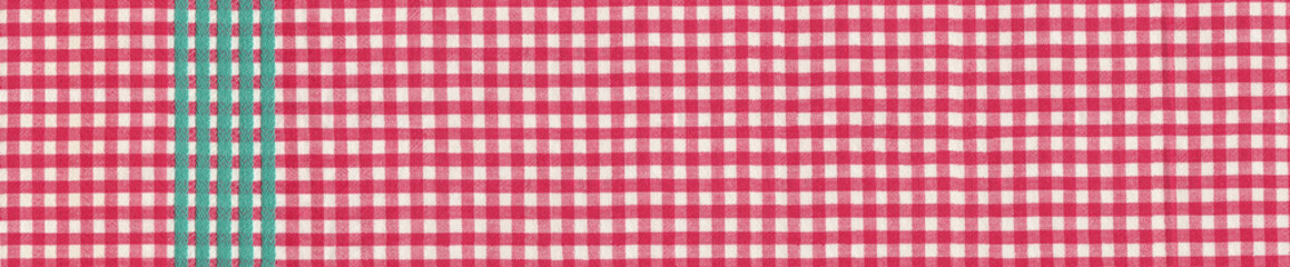 background red gingham kitchen towel with turquoise stripe. Banner background