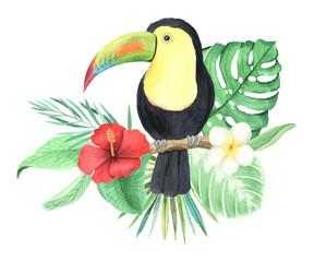 Watercolor tropical flowers and toucan composition