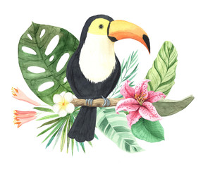 Watercolor tropical flowers and toucan composition