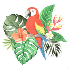 Watercolor tropical flower and parrot composition