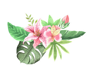 Watercolor hand painted tropical bouquet