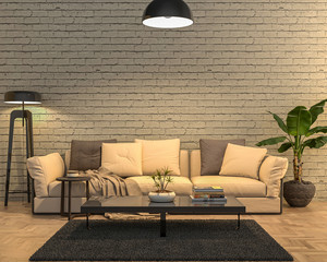 Interior empty wall by night - soft white light mode. 3D render