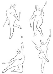 Collection. Gymnastics. Silhouette of a girl with a ribbon. The woman is overweight, a large body. The girl is full figured. Vector illustration set.