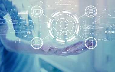 Backup concept with young man holding his hand