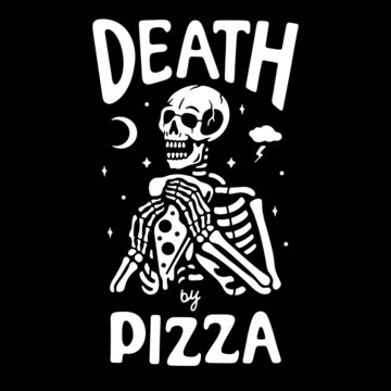 Skeleton with pizza text on black background