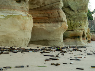 landscape with sandstone cliff fragments on blurred background