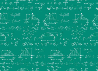 Physics seamless pattern with the equations, figures, outlines, plots and other calculations on school board. Retro handwritten vector Illustration.