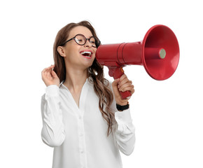 Young woman with megaphone on white background