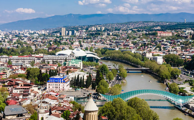Obraz premium Panorama view of Tbilisi, capital of Georgia country. View from Funicular railway from Rike Park to Narikala Fortress
