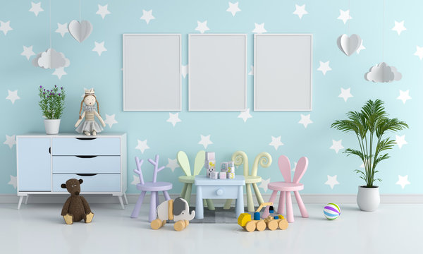 Three blank photo frame for mockup in child room