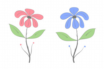 Drawing of two flowers, red and blue with green leaves
