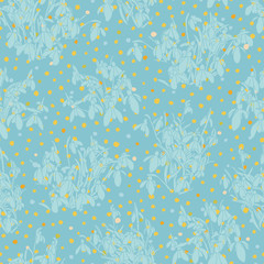 Vector realistic botany snowdrop garden repeat pattern with spring floral on dot. Beautiful easter design for garden lovers. Nature background. Print, fabric, stationary.