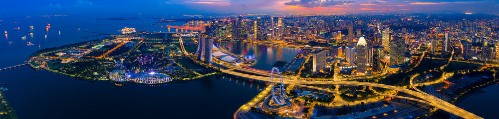 Panorama Aerial view of the Singapore landmark financial business district at sunset scene with...