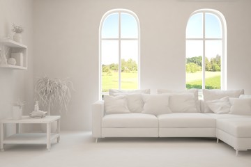 Mock up of stylish room in white color with sofa and green landscape in window. Scandinavian interior design. 3D illustration