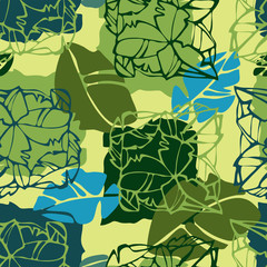 Modern seamless vector tropical colourful pattern with lined decorative flowers in green tones. Can be used for printing on paper, stickers, badges, bijouterie, cards, textiles. 