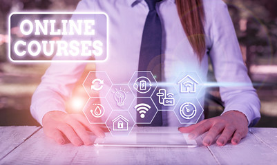 Text sign showing Online Courses. Business photo showcasing courses deliver a series of lessons to a web browser
