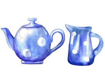 Watercolor hand painted blue teapot and milk jug with white polka dots. Cozy illustrations in vintage style.