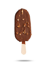  chocolate coated ice cream with almond nuts in a section on a stick on a white background